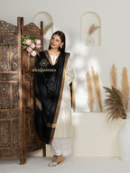 Black Handloom Pure Pashmina Shawl rendered in Contrast In Zari Border