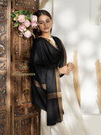 Black Handloom Pure Pashmina Shawl rendered in Contrast In Zari Border