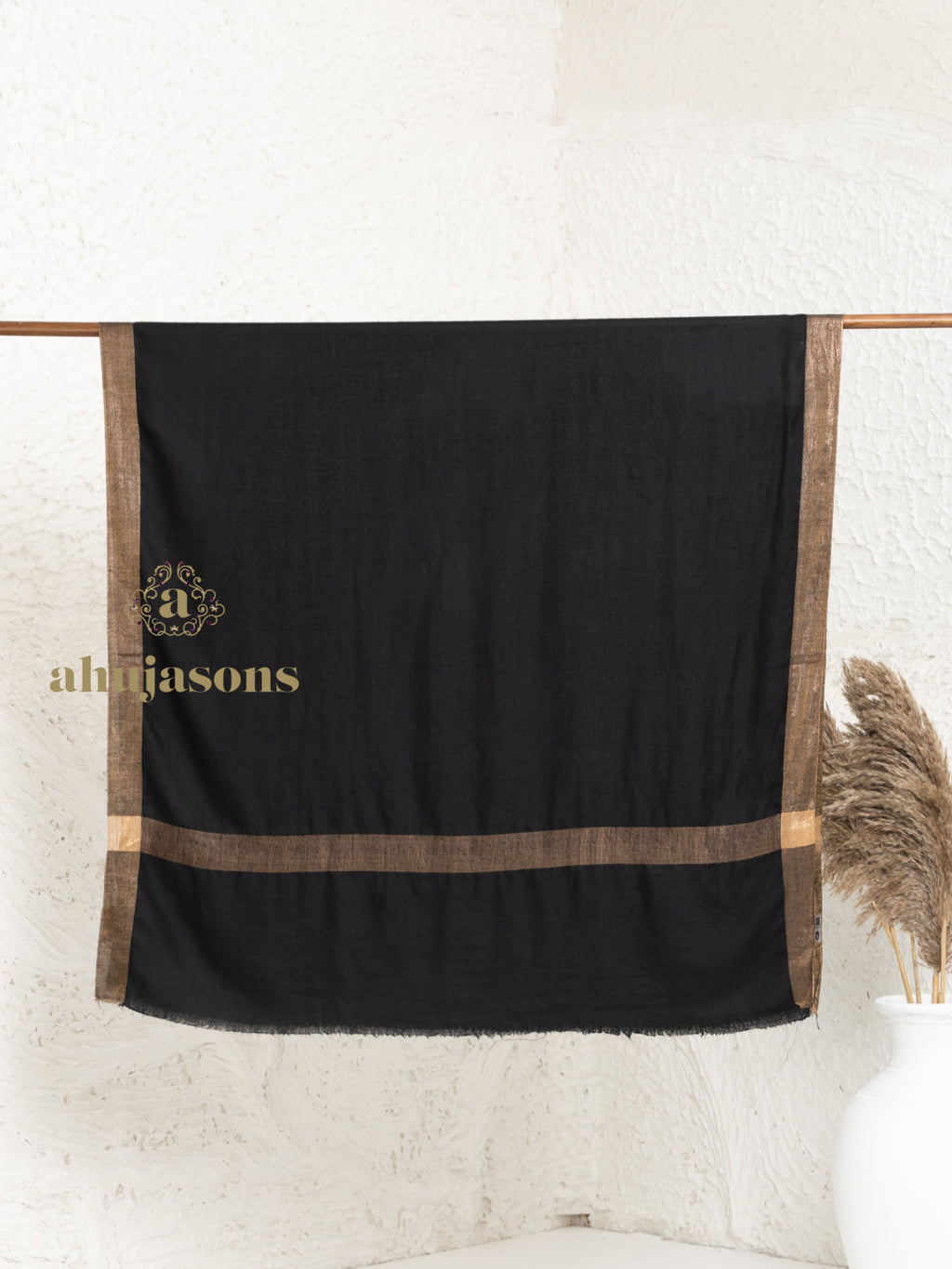 Black Handloom Pure Pashmina Shawl rendered in Contrast In Zari Border