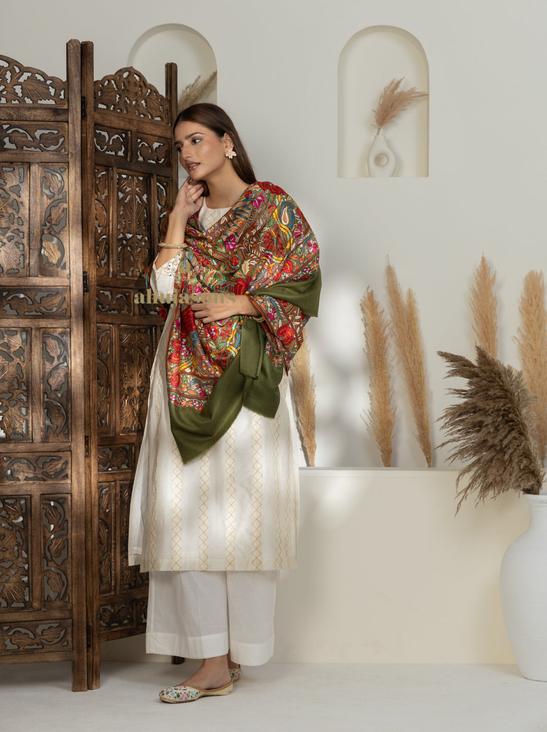 Dark Olive Green Handloom Pure Pashmina Shawl showcasing Gulaabdaar Embroidery