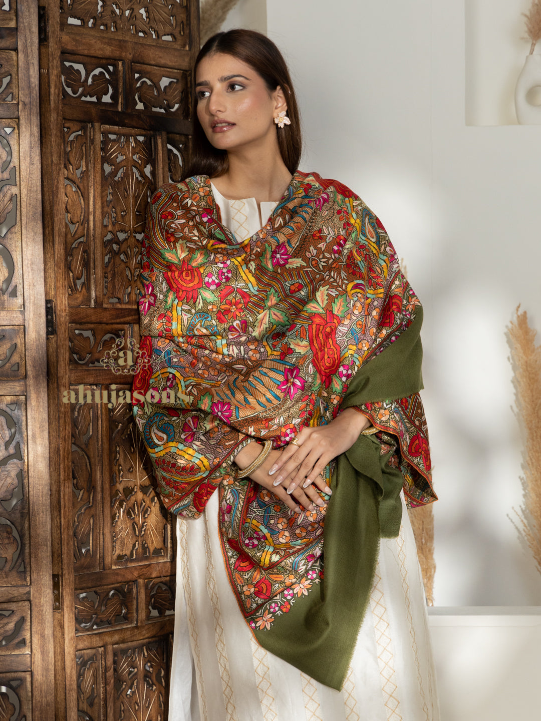 Dark Olive Green Handloom Pure Pashmina Shawl showcasing Gulaabdaar Embroidery