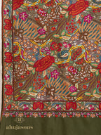 Dark Olive Green Handloom Pure Pashmina Shawl showcasing Gulaabdaar Embroidery