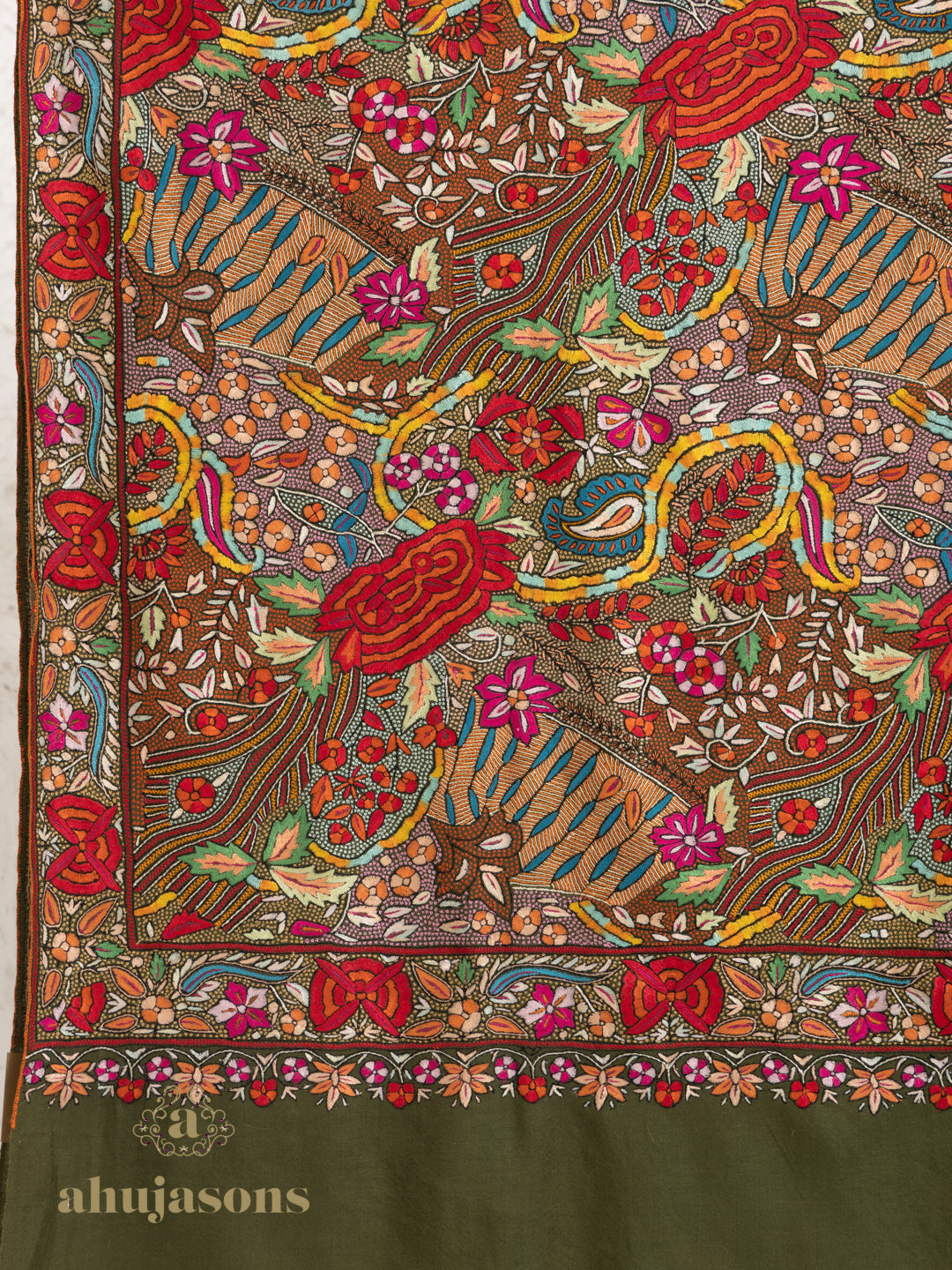 Dark Olive Green Handloom Pure Pashmina Shawl showcasing Gulaabdaar Embroidery