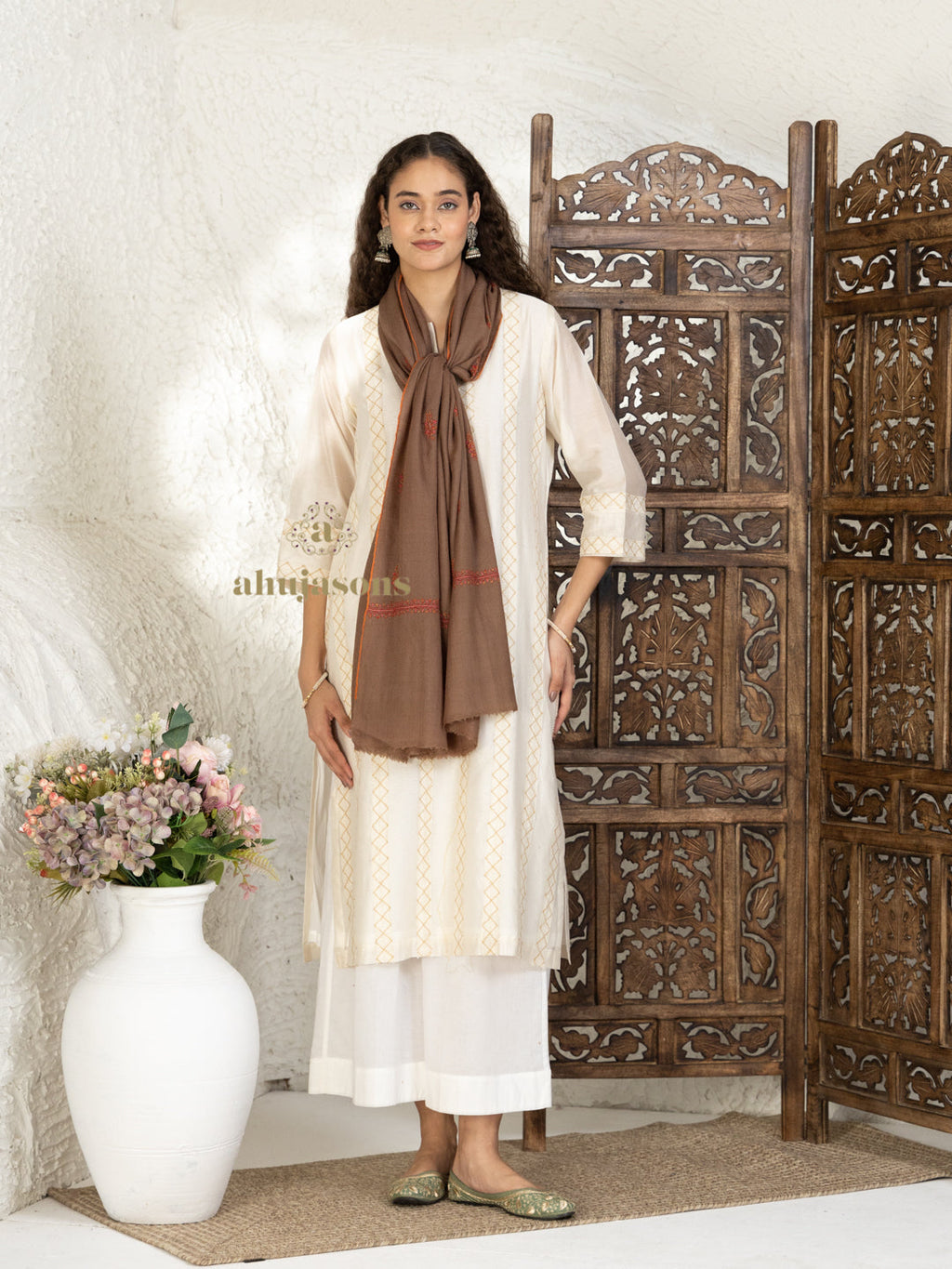 Brown Handloom Pure Pashmina Stole — Delicate Booti Embroidery Stole