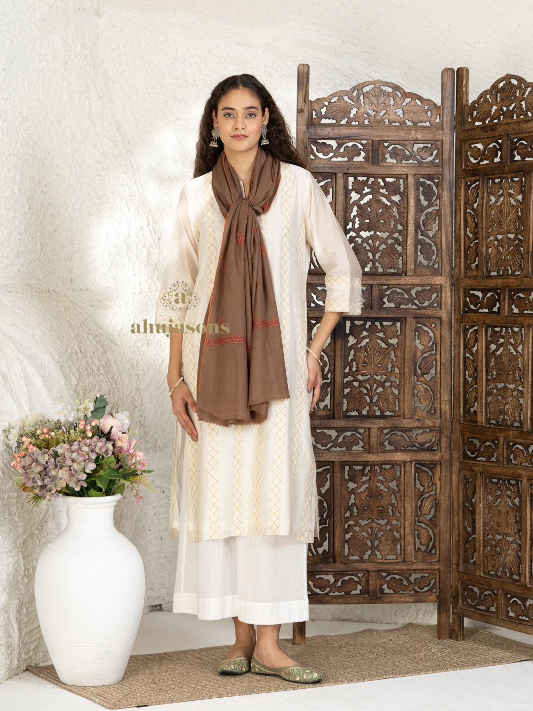 Brown Handloom Pure Pashmina Stole — Delicate Booti Embroidery Stole