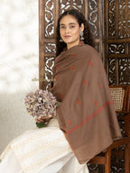Brown Handloom Pure Pashmina Stole — Delicate Booti Embroidery Stole