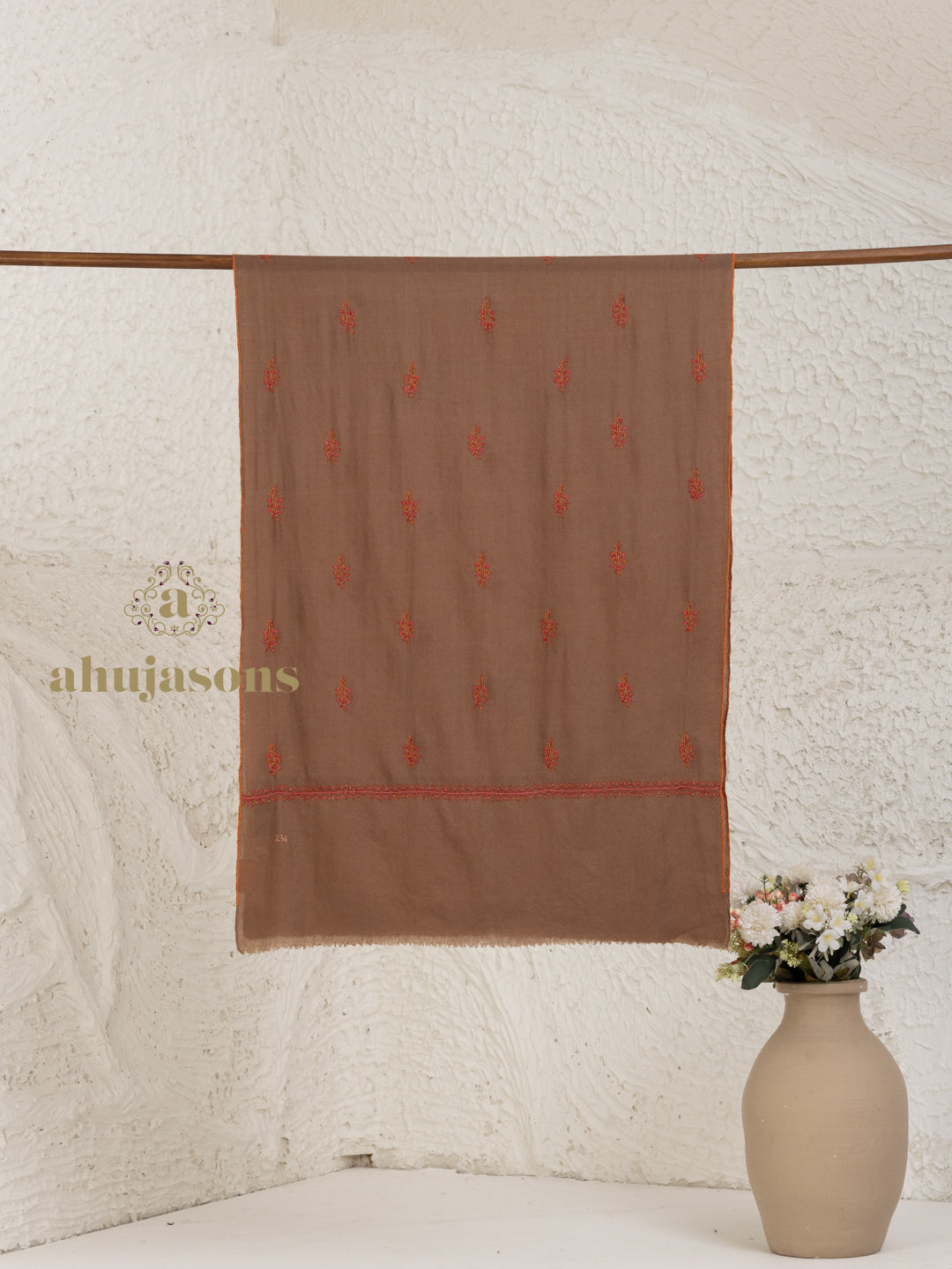 Brown Handloom Pure Pashmina Stole — Delicate Booti Embroidery Stole