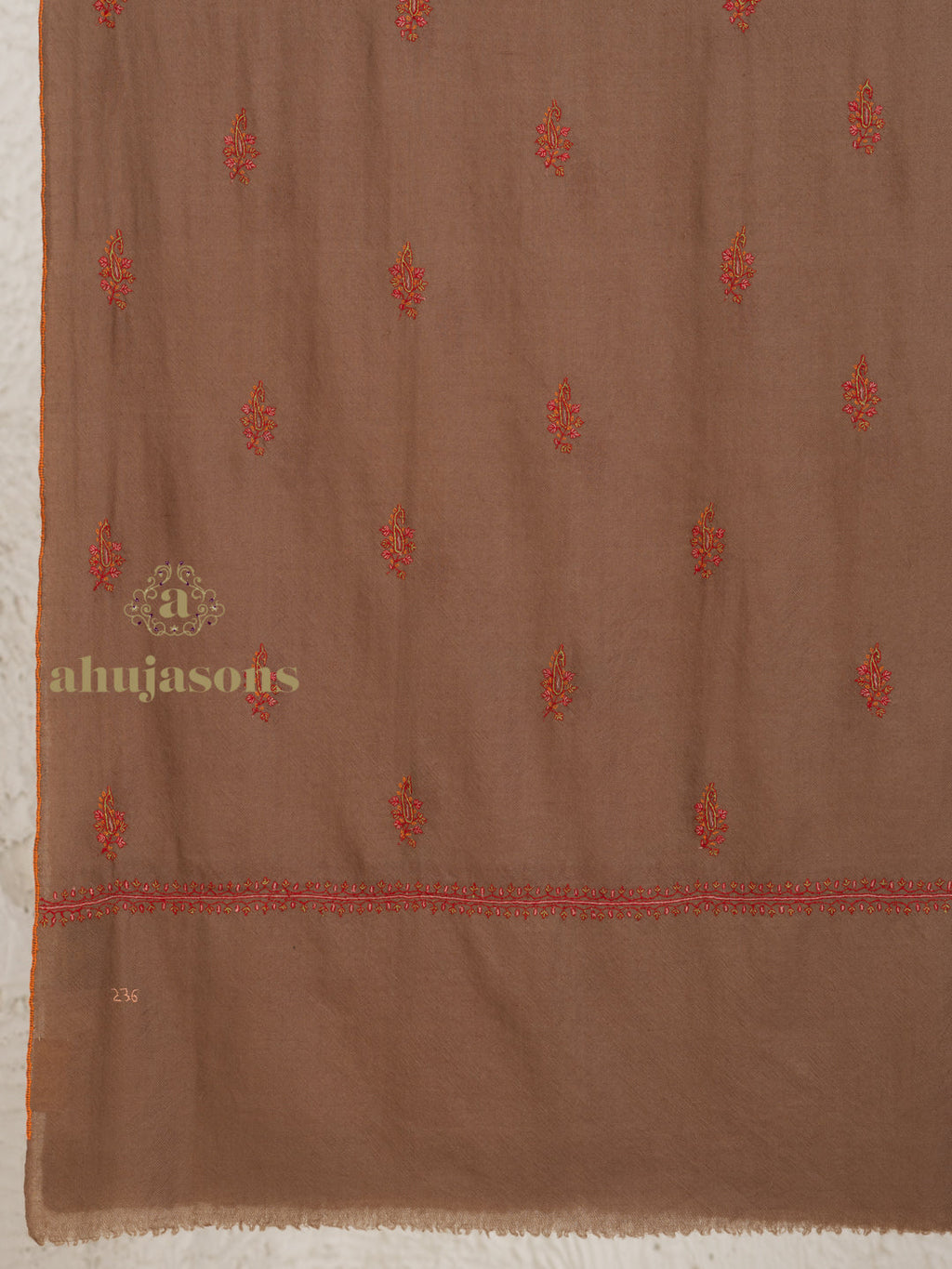 Brown Handloom Pure Pashmina Stole — Delicate Booti Embroidery Stole