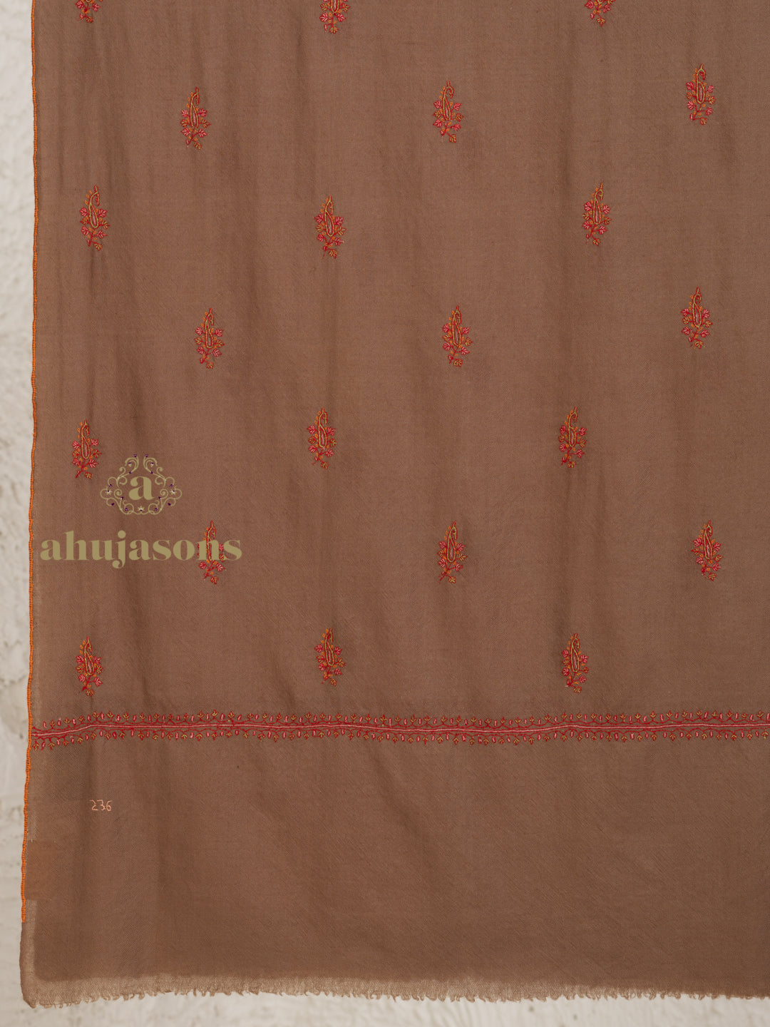 Brown Handloom Pure Pashmina Stole — Delicate Booti Embroidery Stole