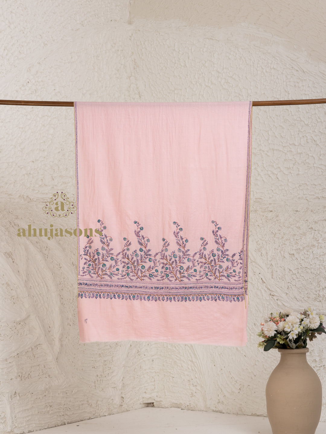 Baby Pink Handloom Pure Pashmina Stole featuring hand-finished Palla Stole detailing