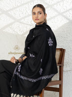 Black Handloom Pure Pashmina Stole in a Paper Mache Booti Embroidery Stole