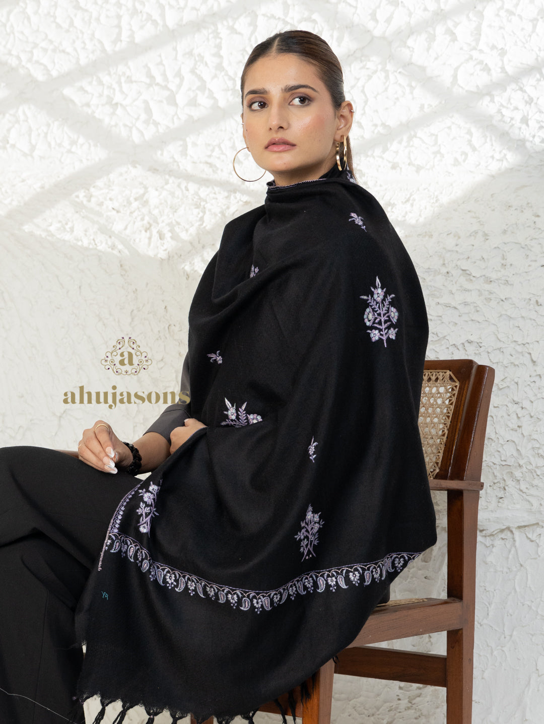 Black Handloom Pure Pashmina Stole in a Paper Mache Booti Embroidery Stole