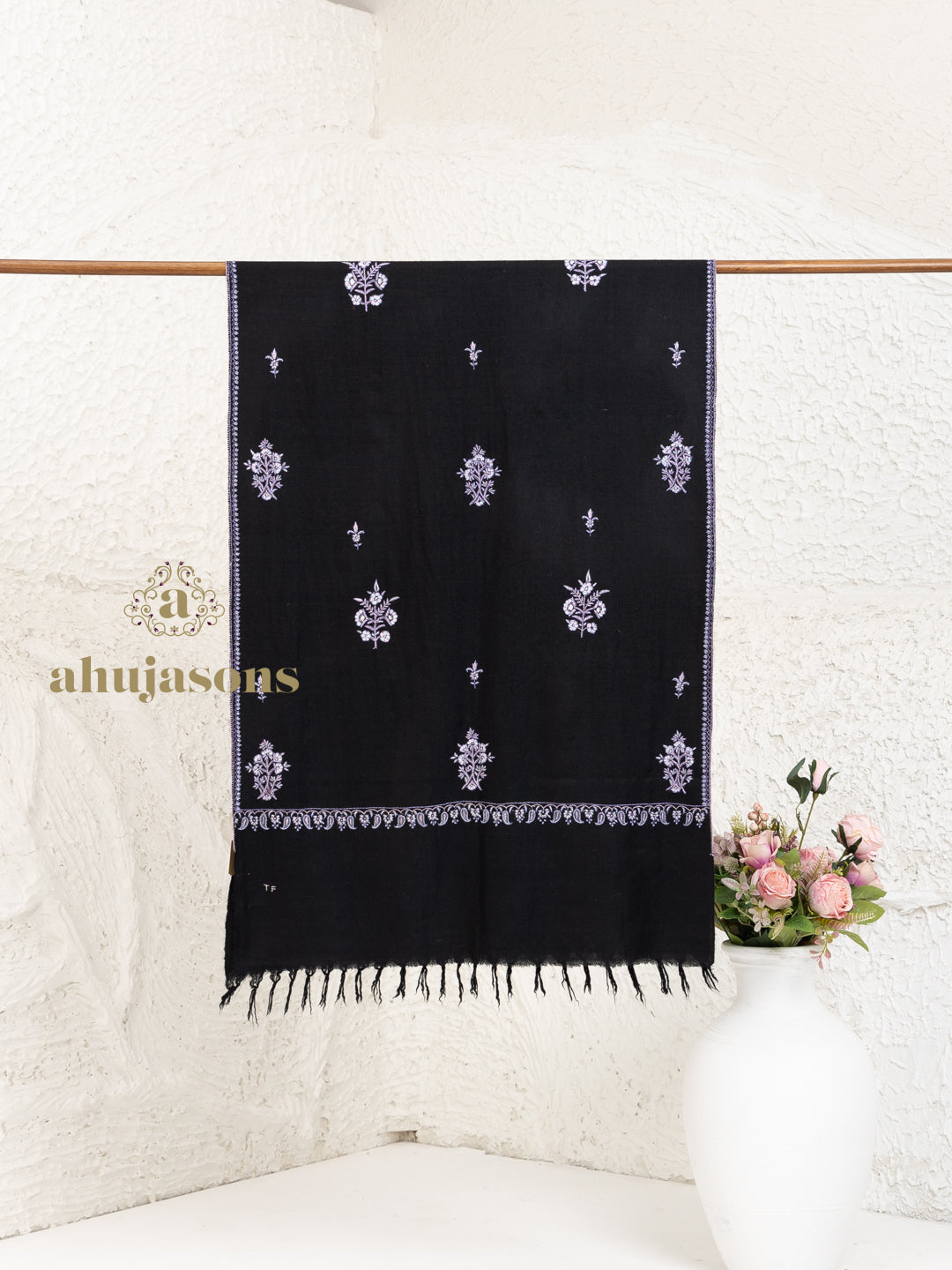 Black Handloom Pure Pashmina Stole in a Paper Mache Booti Embroidery Stole