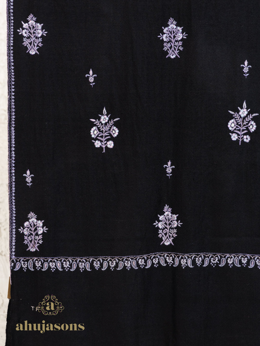 Black Handloom Pure Pashmina Stole in a Paper Mache Booti Embroidery Stole