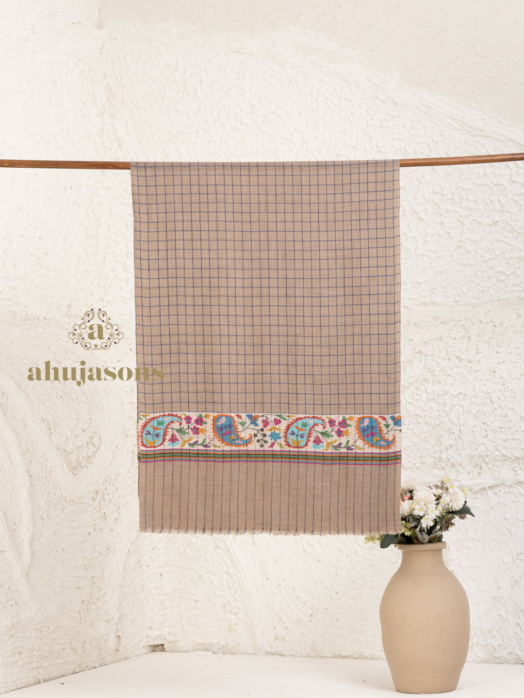 Beige Handloom Pure Pashmina Stole in a delicate Kaani In Palla Stole
