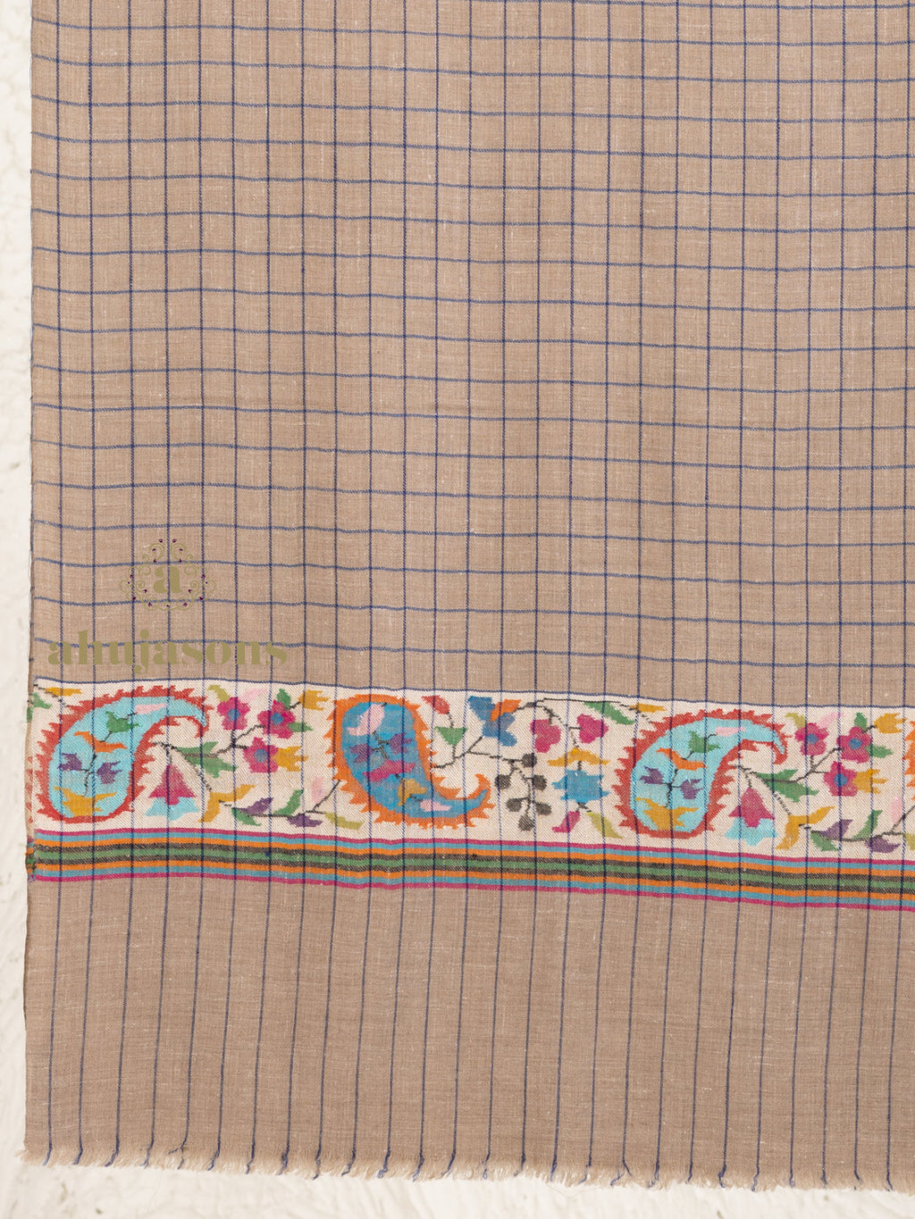 Beige Handloom Pure Pashmina Stole in a delicate Kaani In Palla Stole