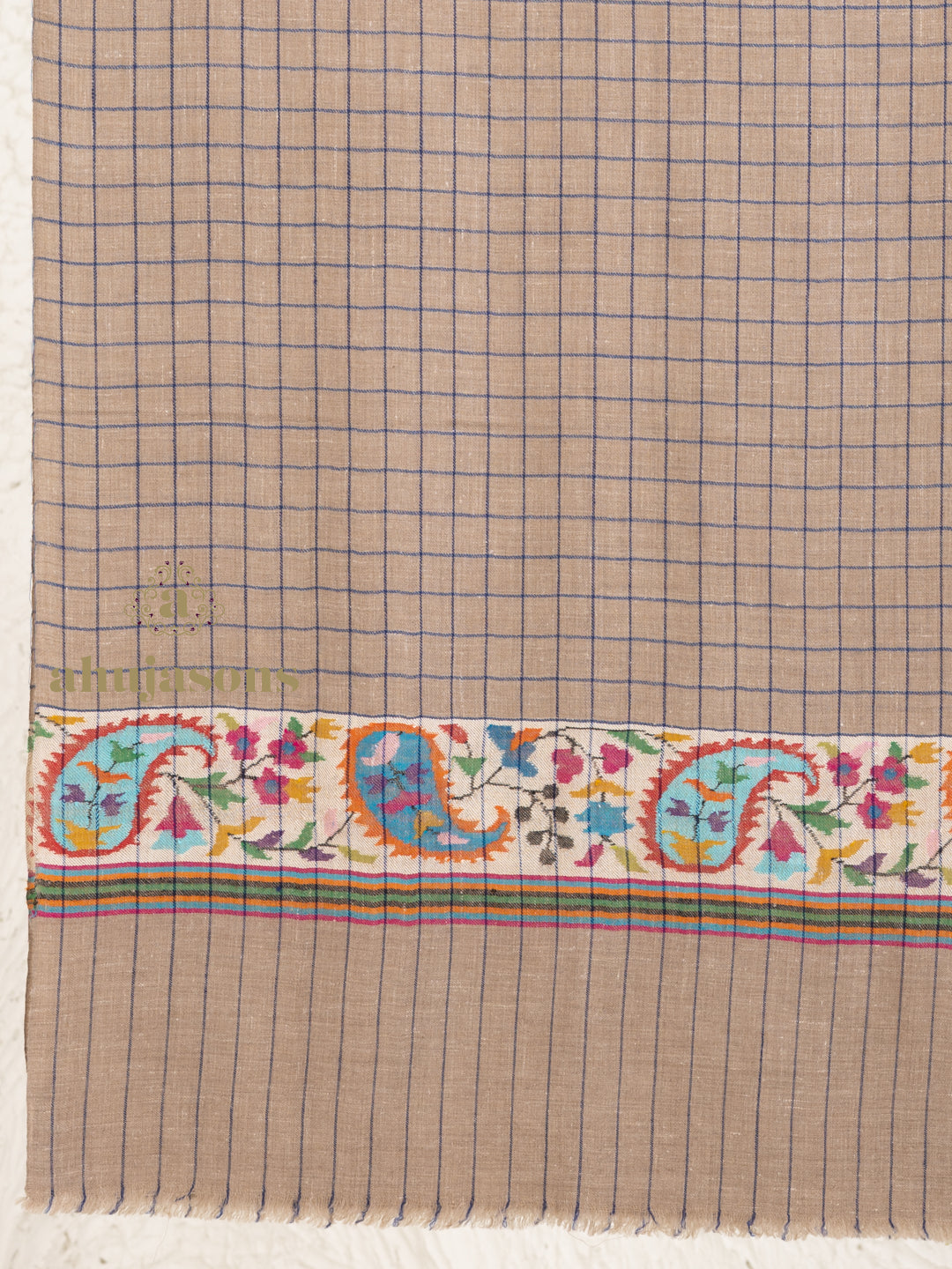 Beige Handloom Pure Pashmina Stole in a delicate Kaani In Palla Stole