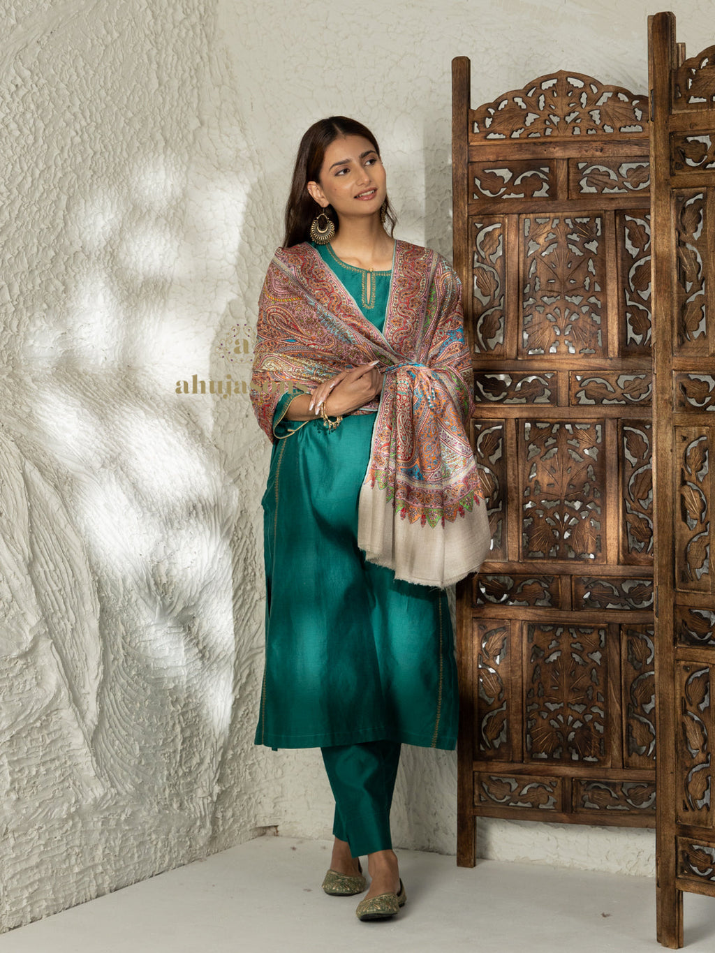 Beige Handloom Pure Pashmina Shawl accented by Aabdaar With Jama Embroidery