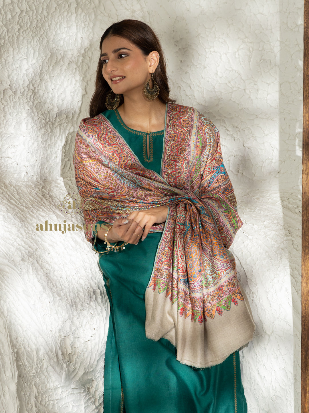 Beige Handloom Pure Pashmina Shawl accented by Aabdaar With Jama Embroidery