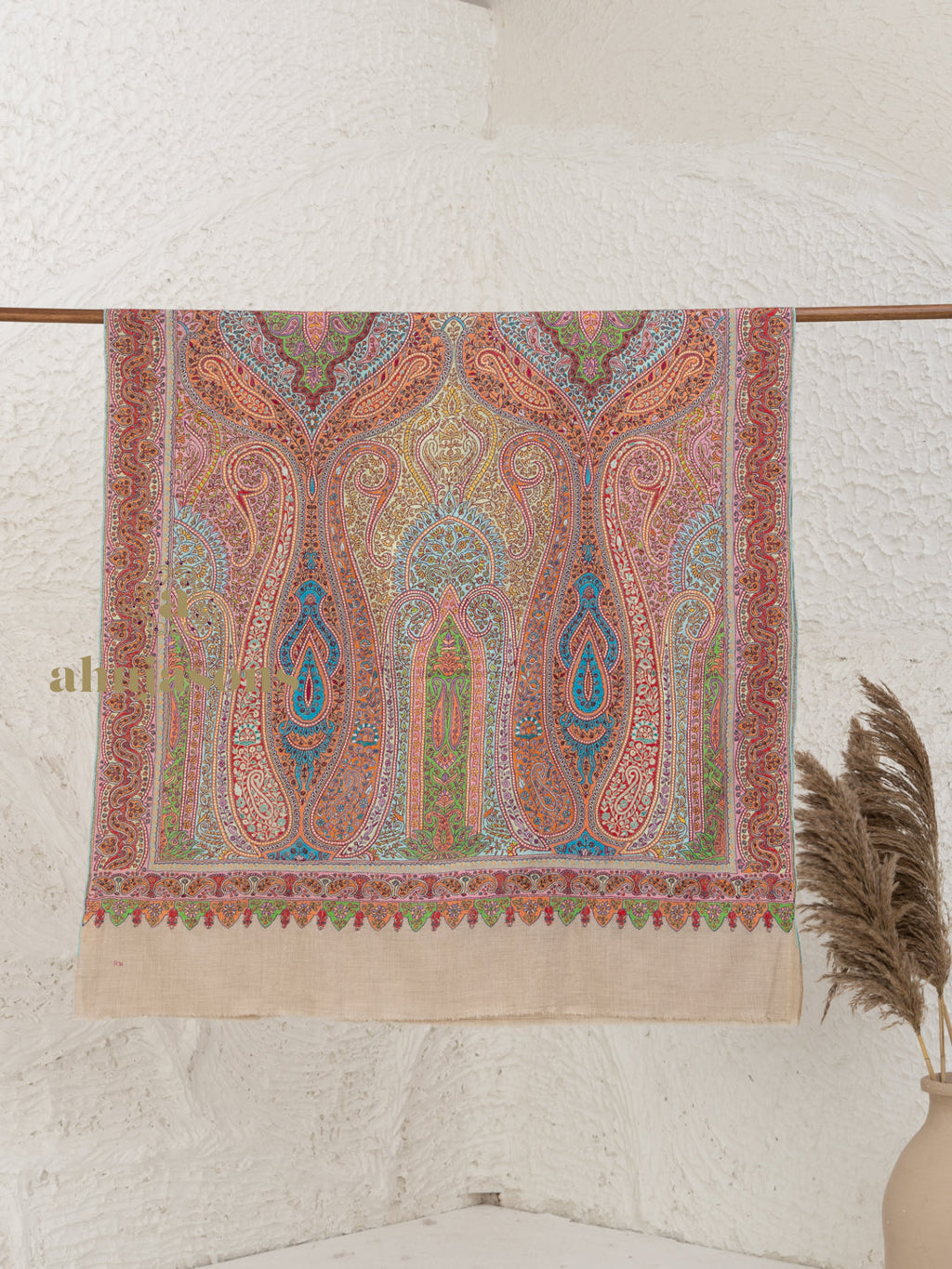 Beige Handloom Pure Pashmina Shawl accented by Aabdaar With Jama Embroidery