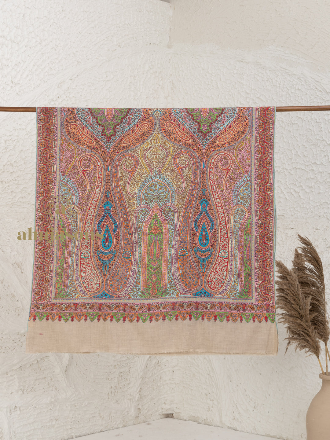 Beige Handloom Pure Pashmina Shawl accented by Aabdaar With Jama Embroidery