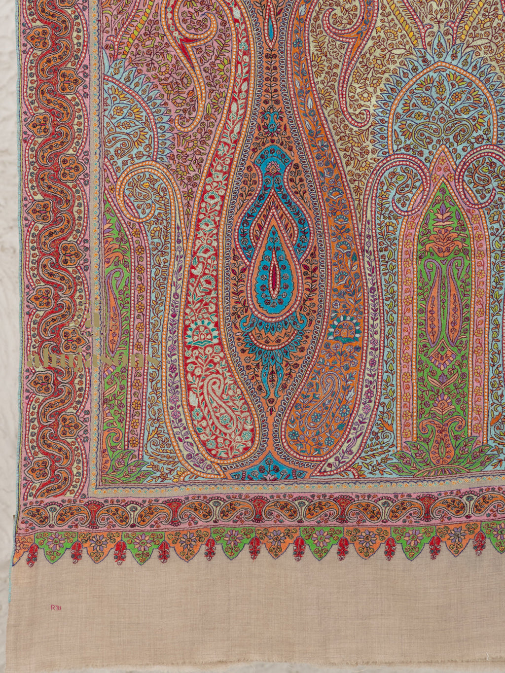 Beige Handloom Pure Pashmina Shawl accented by Aabdaar With Jama Embroidery