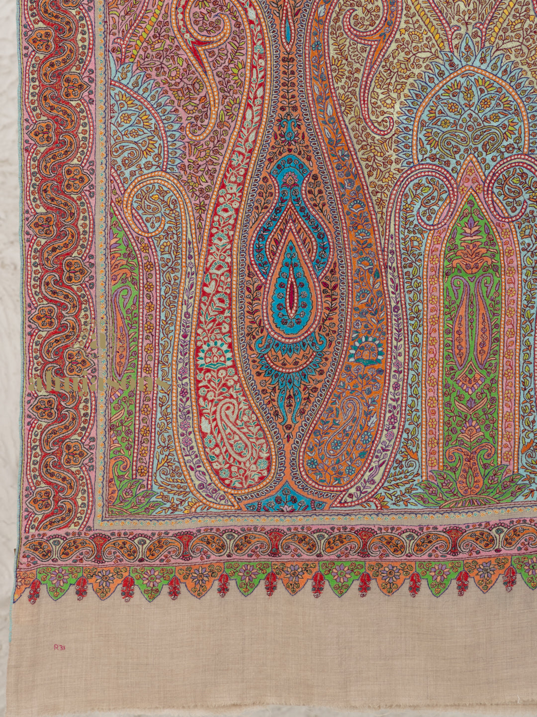 Beige Handloom Pure Pashmina Shawl accented by Aabdaar With Jama Embroidery