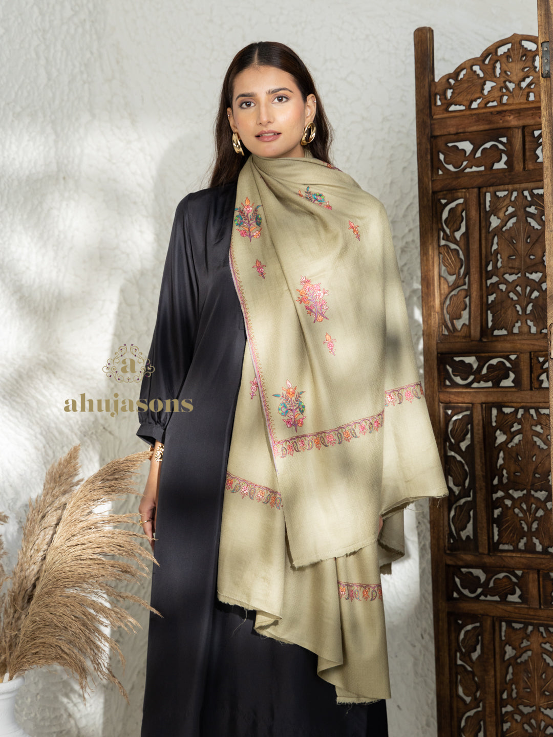 Brown Handloom Pure Pashmina Shawl — Paper Mache Jaal Embroidery in artisanal finish