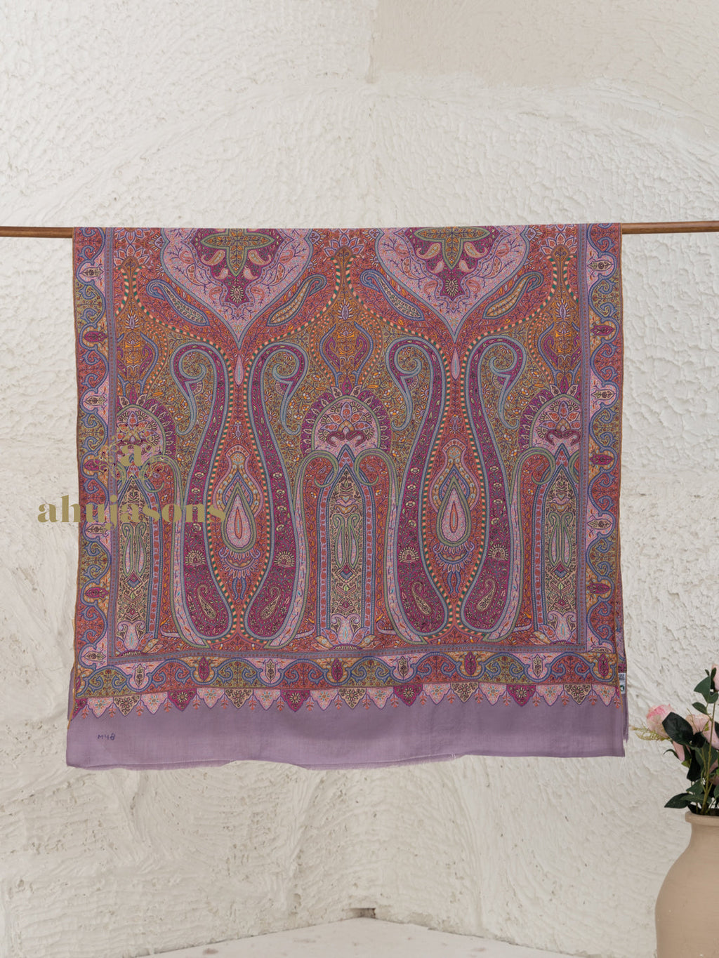 Dusty Lavender Handloom Pure Pashmina Shawl rendered in Aabdaar With Jama Embroidery