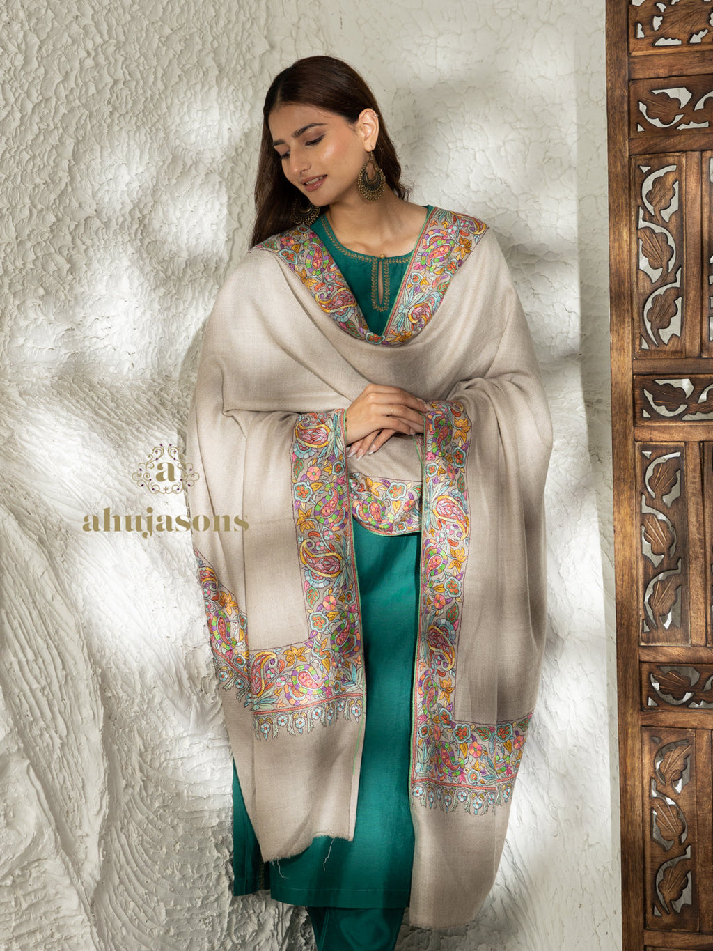 Beige Handloom Pure Pashmina Shawl — Refined Paper Mache Border Embroidery