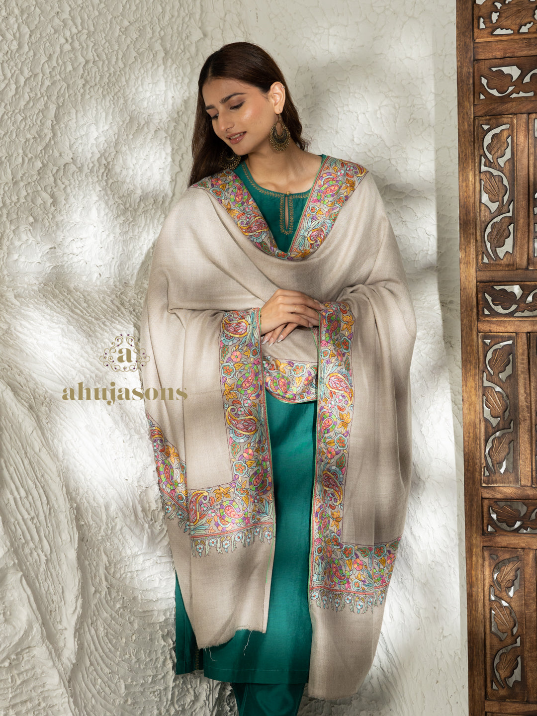 Beige Handloom Pure Pashmina Shawl — Refined Paper Mache Border Embroidery