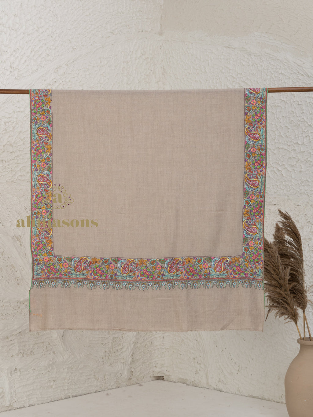 Beige Handloom Pure Pashmina Shawl — Refined Paper Mache Border Embroidery