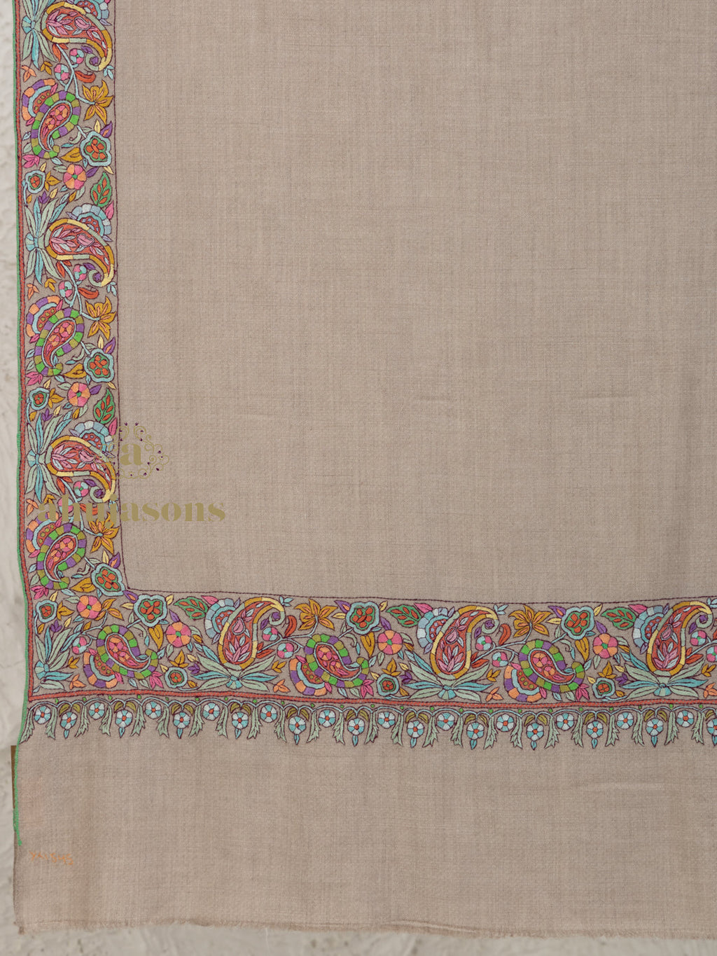 Beige Handloom Pure Pashmina Shawl — Refined Paper Mache Border Embroidery