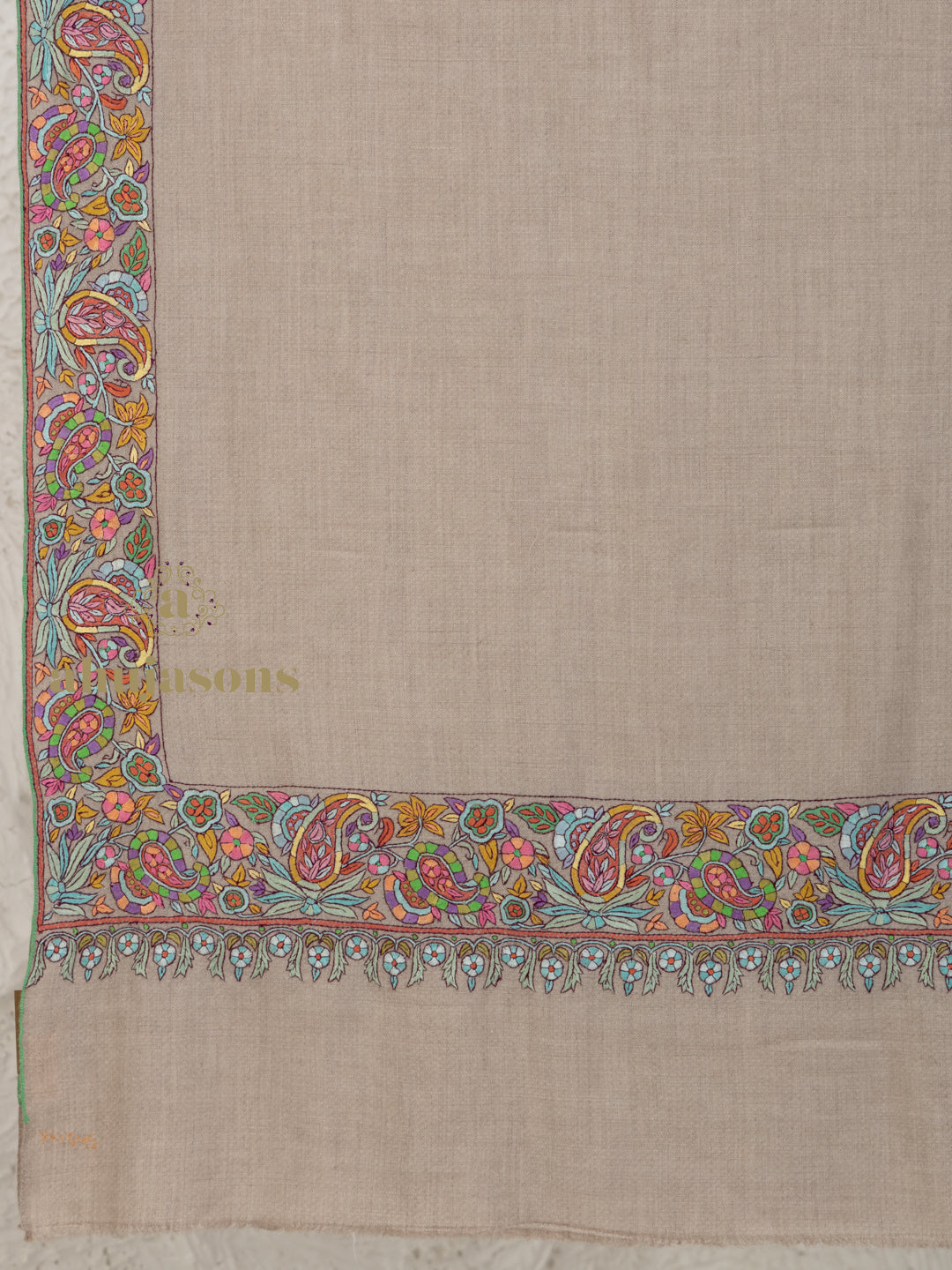 Beige Handloom Pure Pashmina Shawl — Refined Paper Mache Border Embroidery