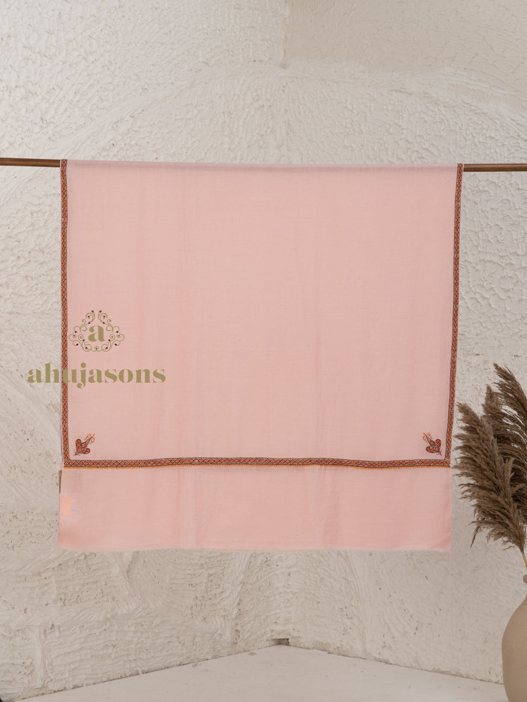 Baby Pink Handloom Pure Pashmina Shawl in a delicate Hashia Embroidery