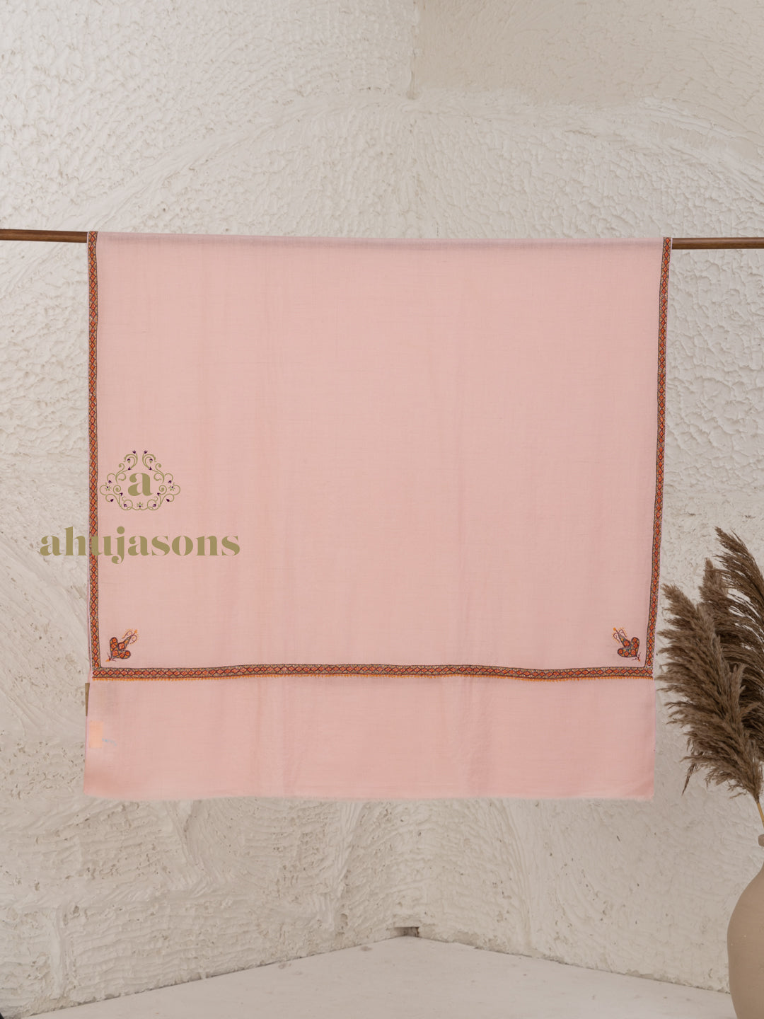 Baby Pink Handloom Pure Pashmina Shawl in a delicate Hashia Embroidery