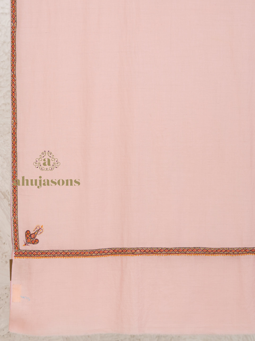 Baby Pink Handloom Pure Pashmina Shawl in a delicate Hashia Embroidery