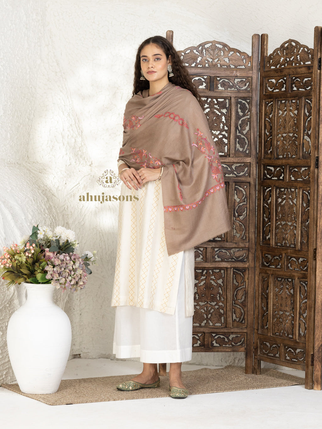 Brown Handloom Pure Pashmina Stole — Booti Embroidery Stole in ornate finish