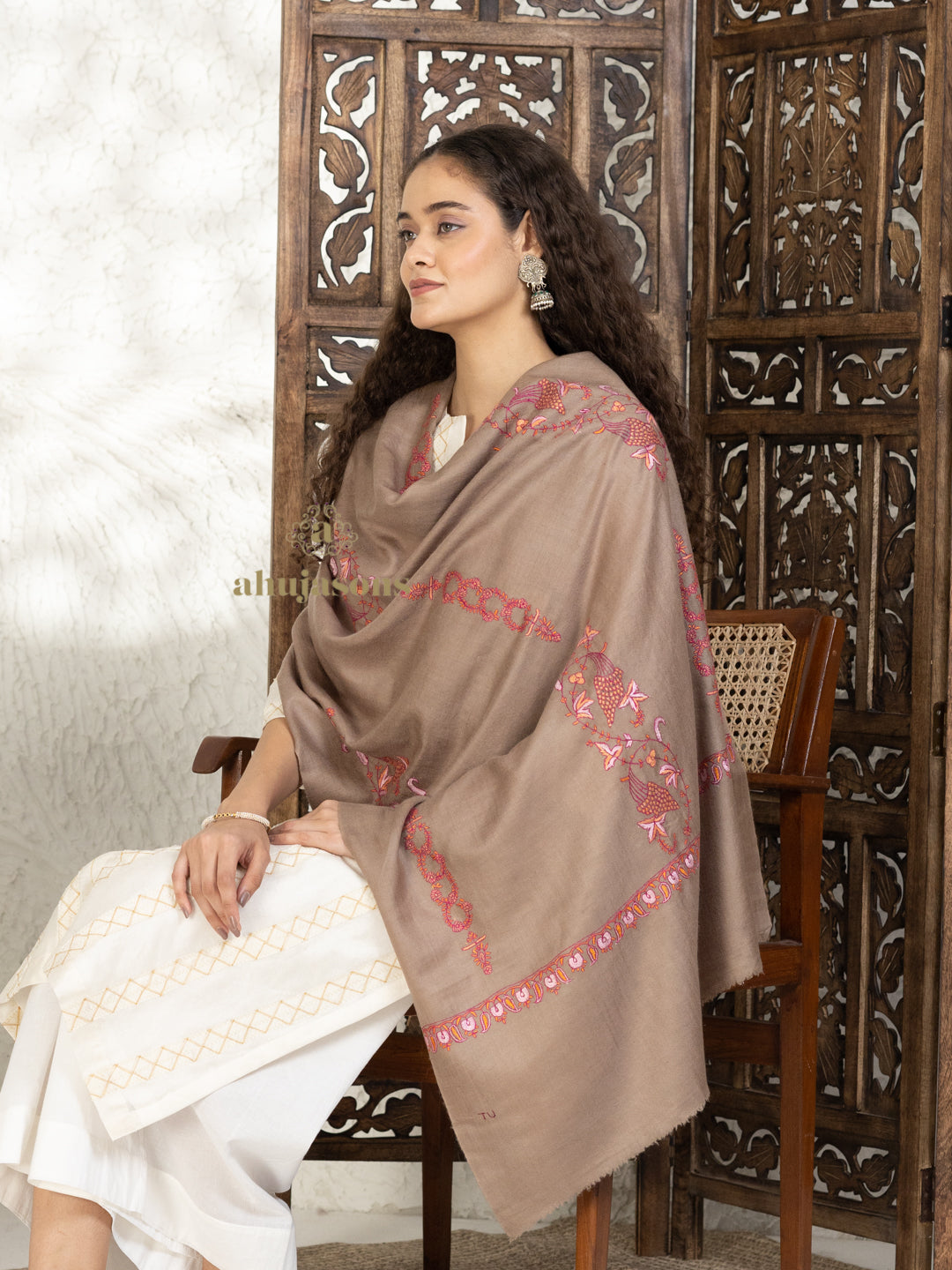 Brown Handloom Pure Pashmina Stole — Booti Embroidery Stole in ornate finish