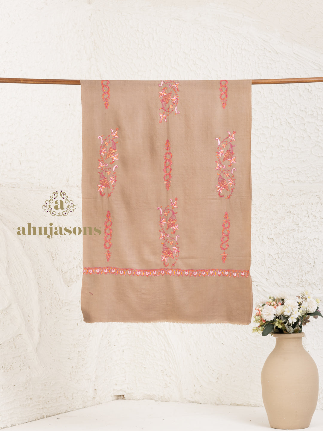 Brown Handloom Pure Pashmina Stole — Booti Embroidery Stole in ornate finish