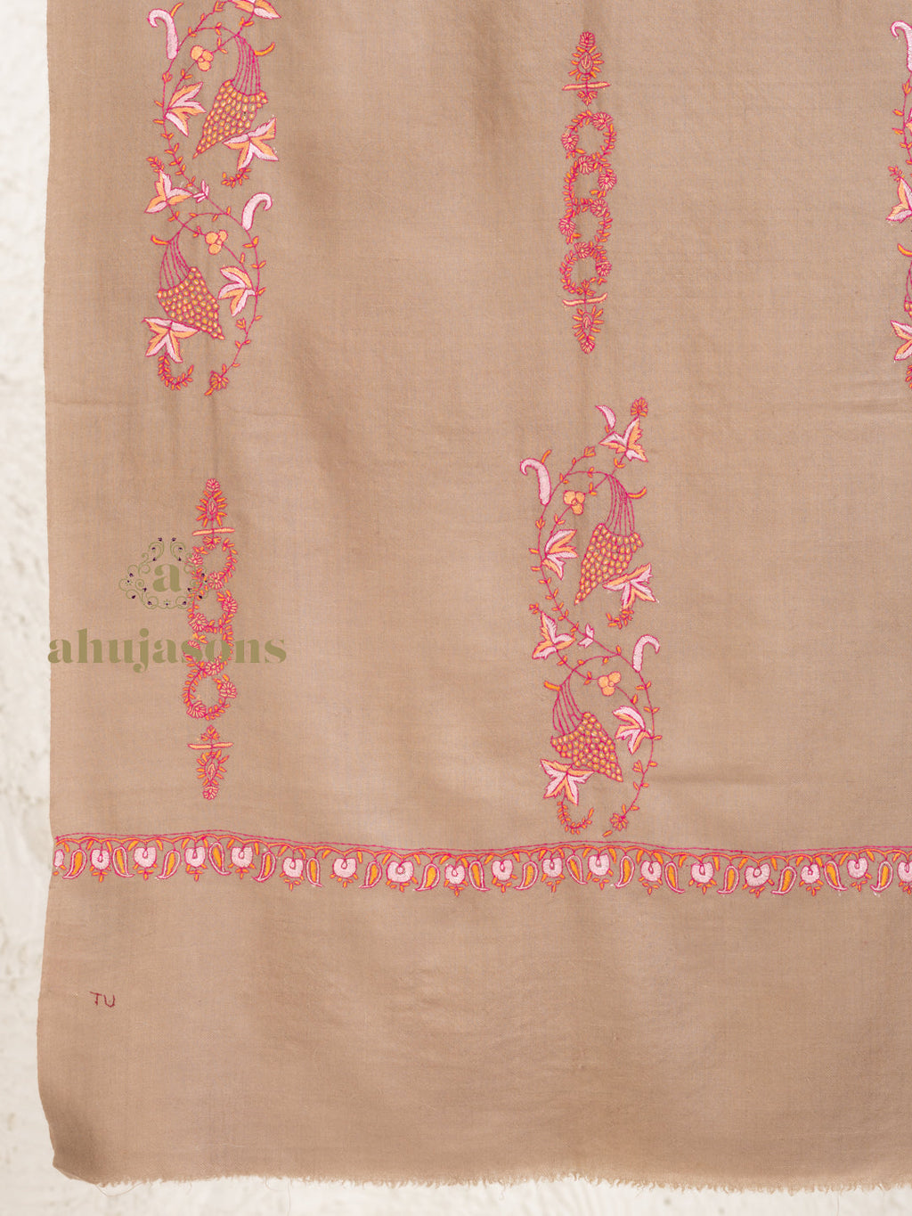 Brown Handloom Pure Pashmina Stole — Booti Embroidery Stole in ornate finish