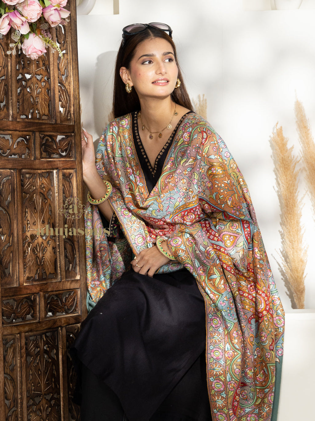 Dusty Teal Handloom Pure Pashmina Shawl — Sublime Gulaabdaar Embroidery