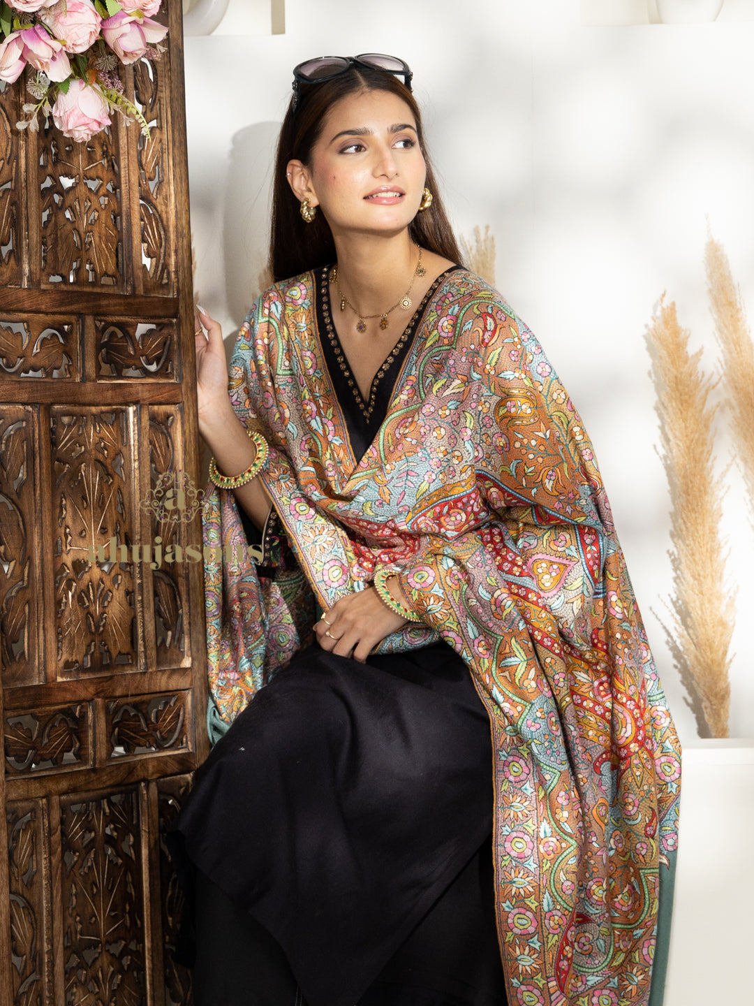 Dusty Teal Handloom Pure Pashmina Shawl — Sublime Gulaabdaar Embroidery