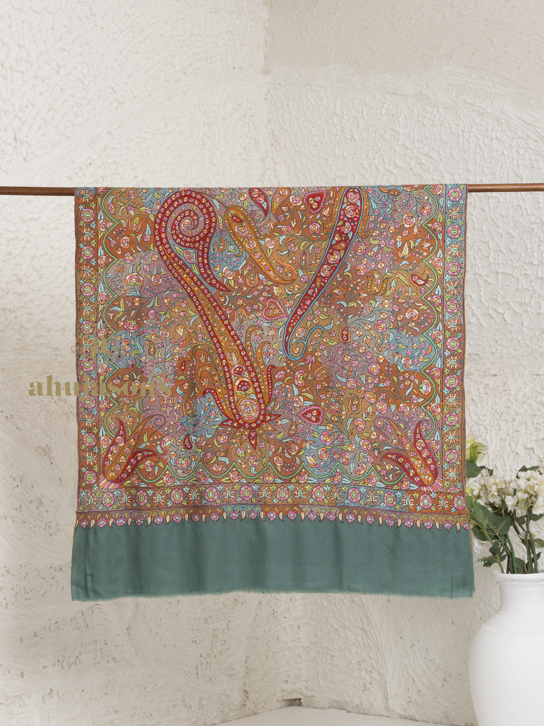 Dusty Teal Handloom Pure Pashmina Shawl — Sublime Gulaabdaar Embroidery