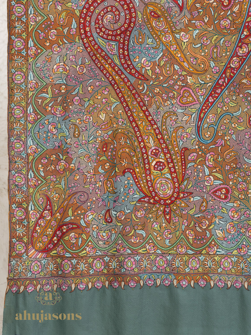 Dusty Teal Handloom Pure Pashmina Shawl — Sublime Gulaabdaar Embroidery