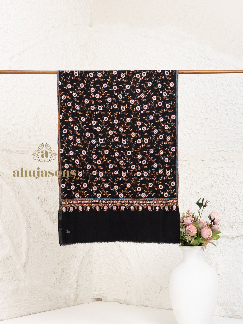 Black Handloom Pure Pashmina Stole showcasing hand-finished Jaal Stole