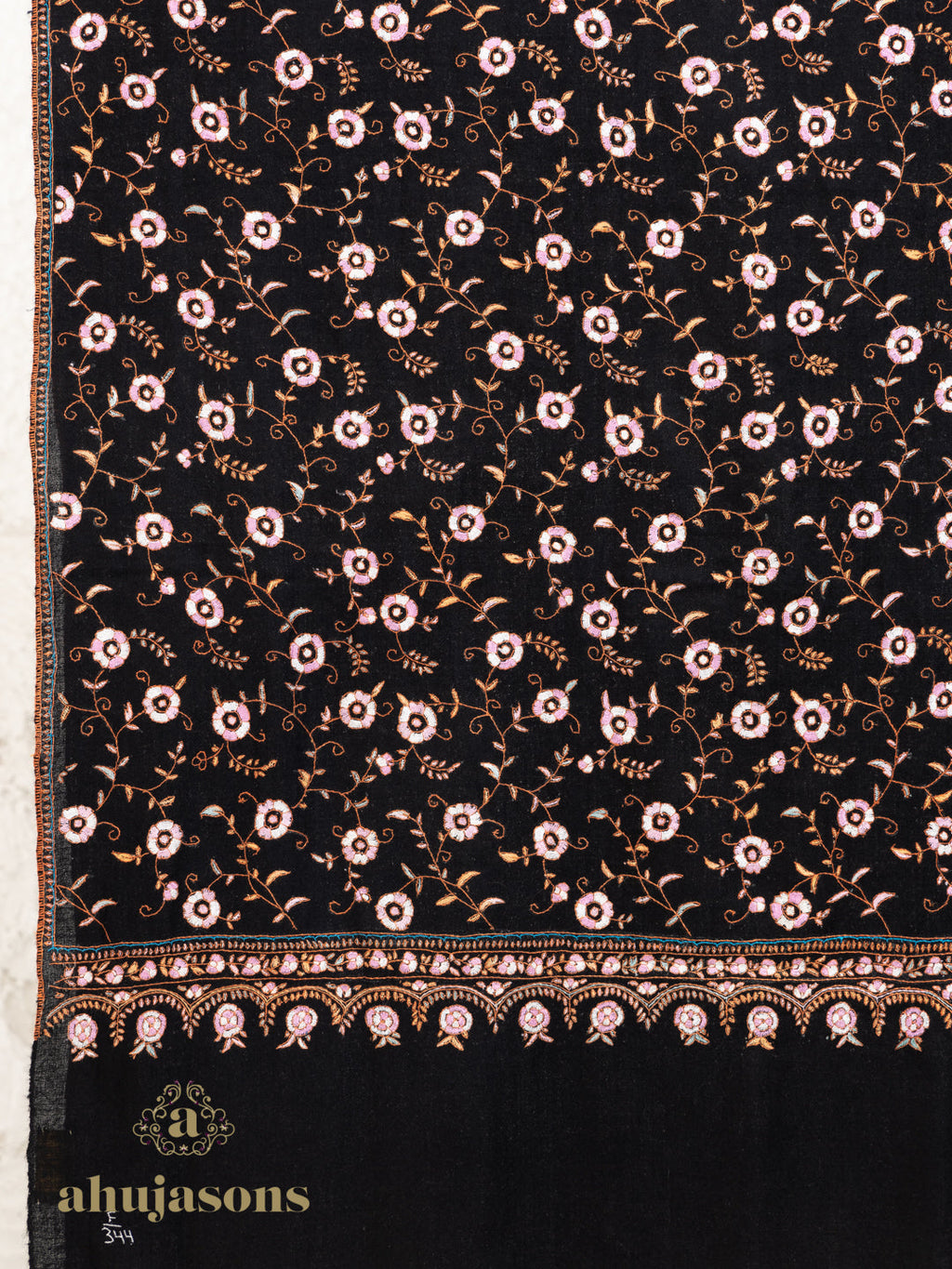 Black Handloom Pure Pashmina Stole showcasing hand-finished Jaal Stole