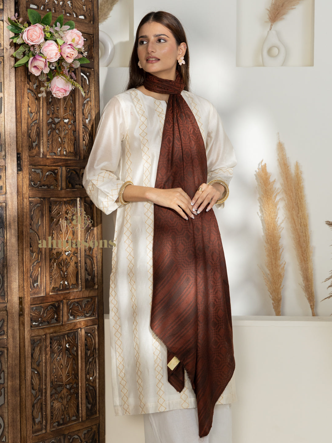 Brown Handloom Pure Pashmina Shawl showcasing refined Check Pattern detailing