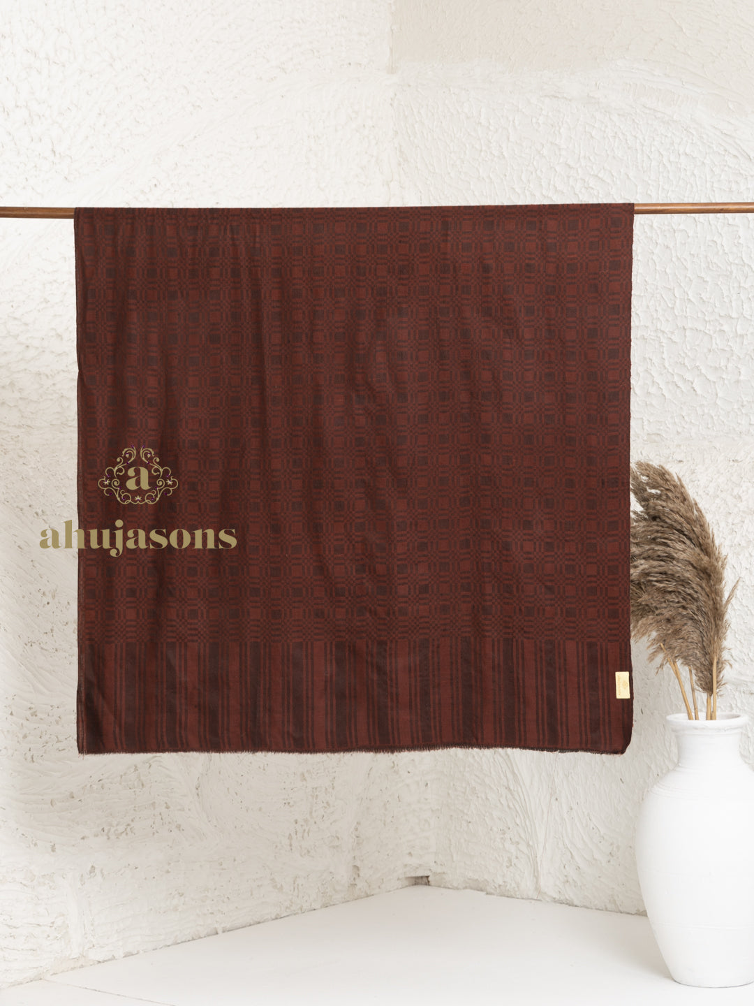 Brown Handloom Pure Pashmina Shawl showcasing refined Check Pattern detailing