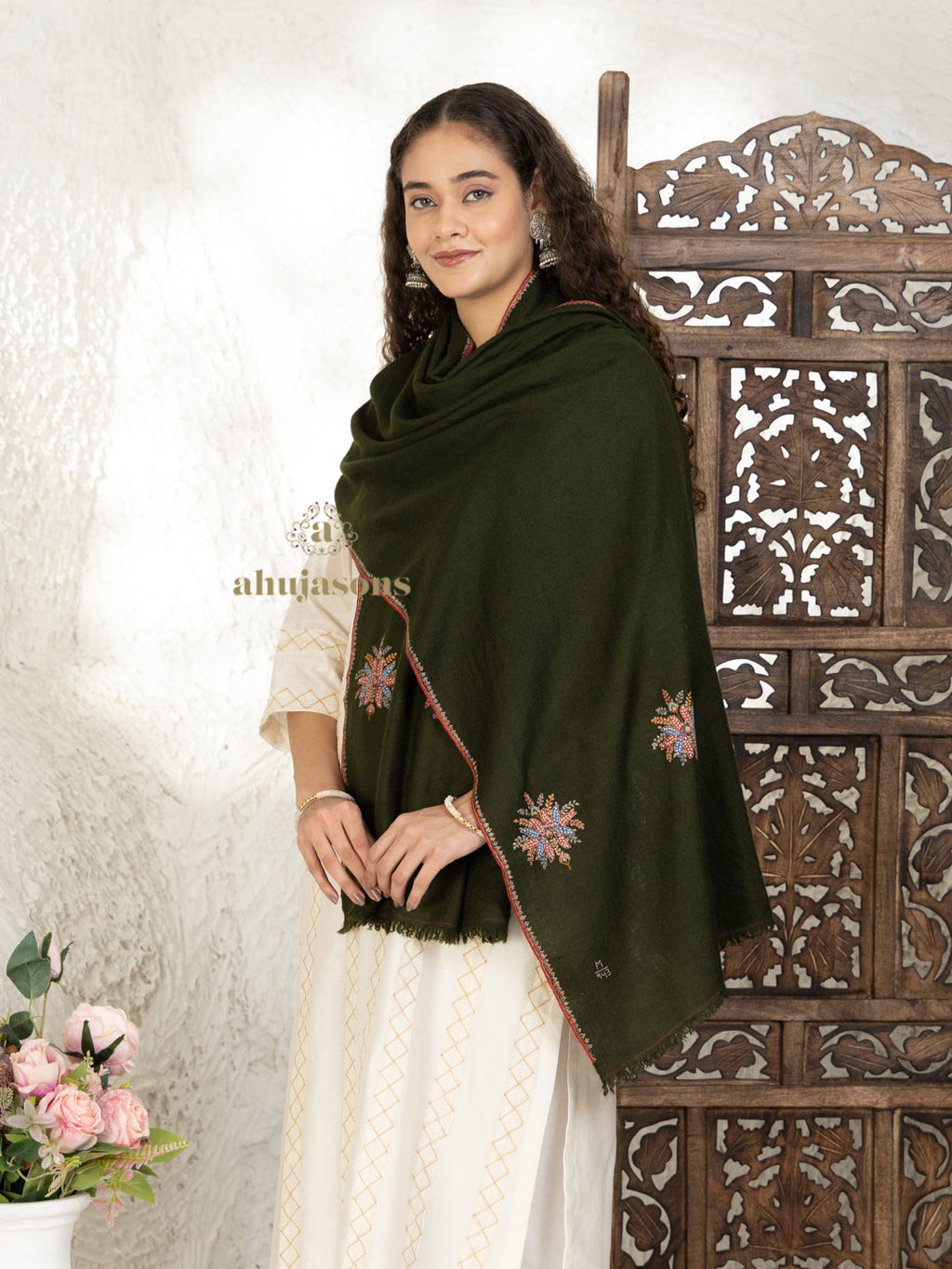 Dark Green Handloom Pure Pashmina Stole — Ornate Palla Stole